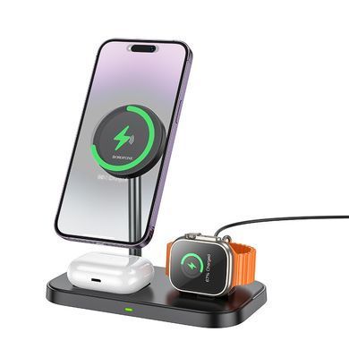 Настільна безпровідна зарядка 3в1 BOROFONE BQ29 Magsafe для iPhone 12/13/14/15 Чорний