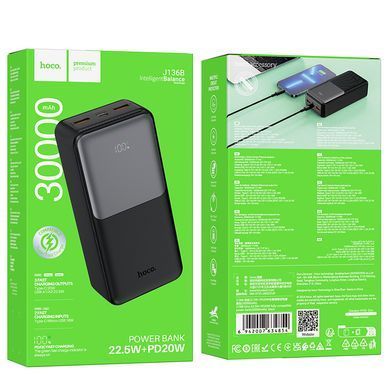 Павербанк повербанк с быстрой зарядкой 22.5W 30000mAh HOCO J136B 2USB/1Type-C, 22.5W+PD20W Черный