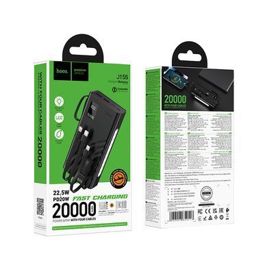 Павербанк с зарядкой 22.5W кабелями Lightning, Type-C, Micro-USB, USB 20000mAh и фонарем HOCO J155 Черный