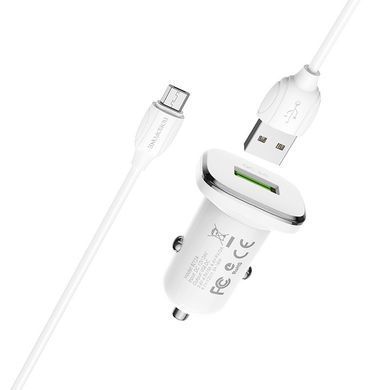 Автомобильное зарядное устройство с быстрой зарядкой + кабель Micro-USB BOROFONE BZ12A 1USB, QC3.0 18W Белый