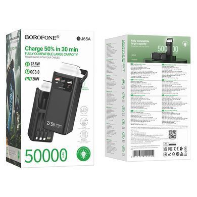 Павербанк 50000mAh з швидкою зарядкою 22.5Вт, вбудованими кабелями та ліхтарем BOROFONE BJ65A Чорний