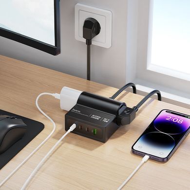 Удлинитель сетевой переноски 1.5м на 2 розетки + 1USB + 3Type-C HOCO AC34 PD70W, EU,GER Черный