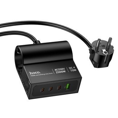 Удлинитель сетевой переноски 1.5м на 2 розетки + 1USB + 3Type-C HOCO AC34 PD70W, EU,GER Черный