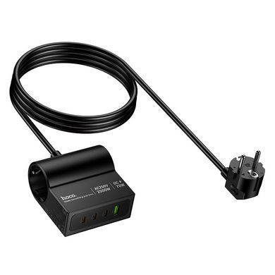 Удлинитель сетевой переноски 1.5м на 2 розетки + 1USB + 3Type-C HOCO AC34 PD70W, EU,GER Черный