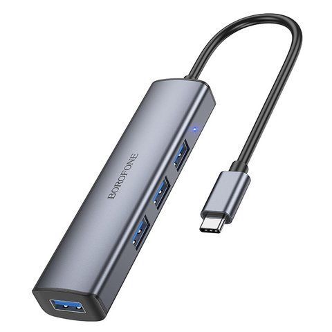 Перехідник адаптер USB-hub хаб 4-в-1 BOROFONE DH12 Type-C to USB3.0*4, 0.2M Сірий