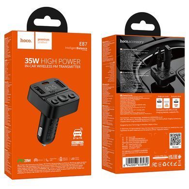 Автомобильный FM-трансмиттер модулятор с быстрой зарядкой HOCO E87 Delta 35W 2USB + Type-C Черный