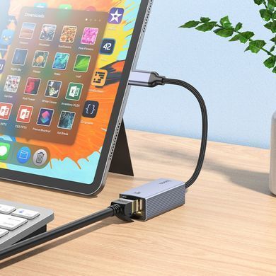Адаптер переходник HOCO UA37 Type-C to RJ45 1000 Mbps, 120 мм Сірий